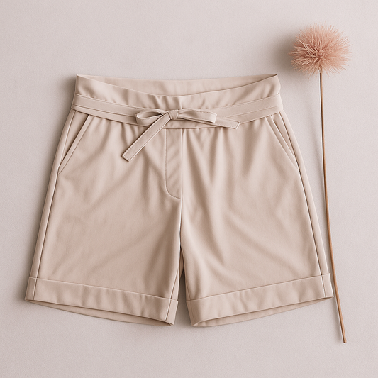 Tweedehands beige travelstof dames short met strikceintuur, plat gelegd op neutrale achtergrond met droogbloem — Debberies.nl