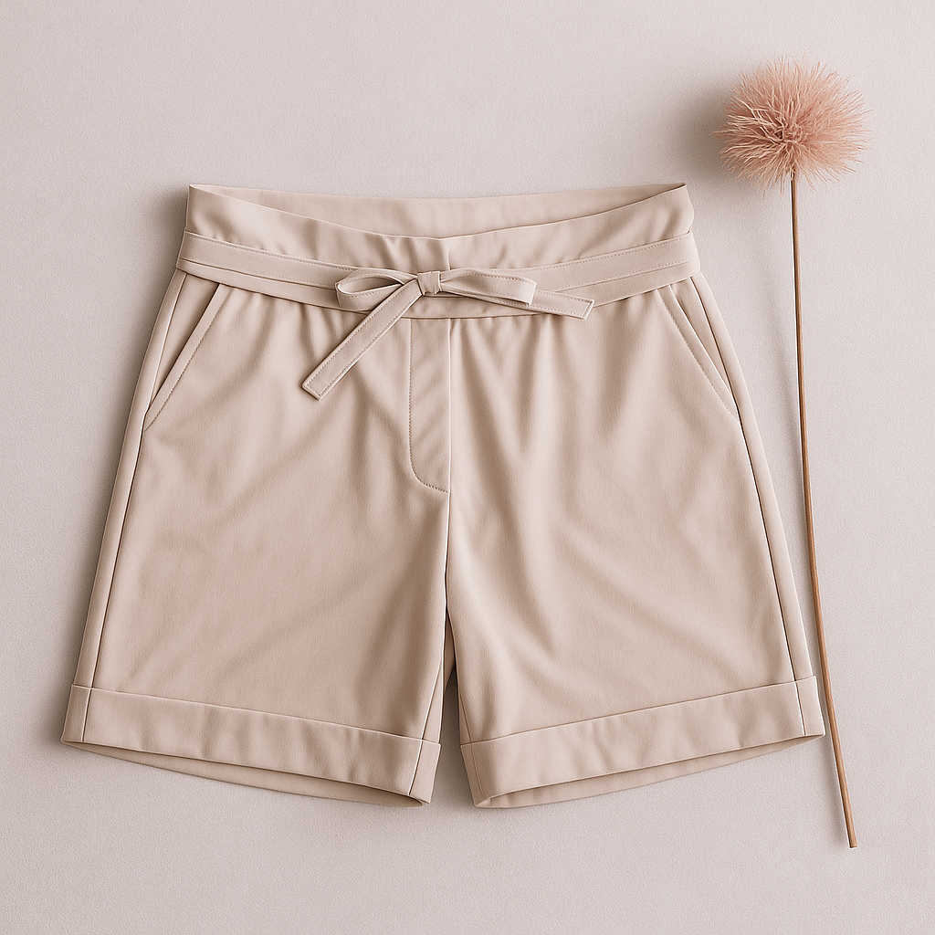Tweedehands beige travelstof dames short met strikceintuur, plat gelegd op neutrale achtergrond met droogbloem — Debberies.nl