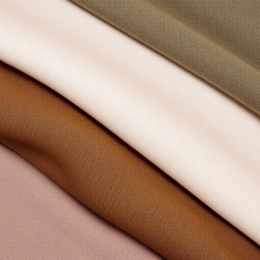 Verschillende kledingstukken in bruine, pastelkleurige, neutrale en groene tinten netjes op een rij, klaar om te mixen en matchen in een tweedehands garderobe